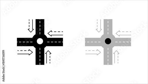 Roundabout Traffic Intersection Icon set. and white roundabout intersection icon showing directional arrows and traffic flow lanes. Simple flat design suitable for transportation, navigation, and roa