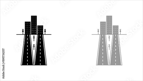 Urban Highway Road with Buildings Icon set. Minimalist black and white illustration of an urban highway leading into a city skyline. Flat icon set .showing road lanes, skyscrapers, and pedestrians, 