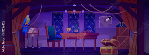 A wooden ship cabin at night, with a window, table, chair, parrot, curtains, and a chest.
