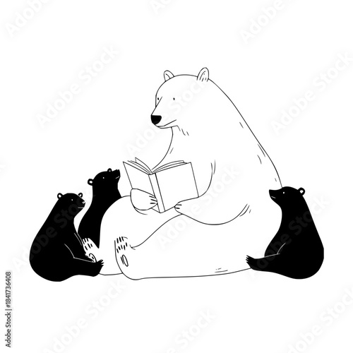 A white bear reading a book to three small black bears sitting around her in a simple black and white drawing