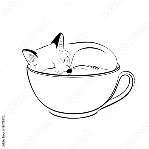 A charming line art illustration of a fox peacefully sleeping inside of a teacup on a white background