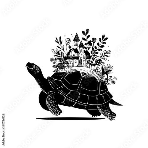 Illustration of a turtle carrying a house and foliage on its back in black and white style image