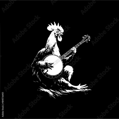 A monochrome illustration of a rooster playing a banjo on a black background in detailed style