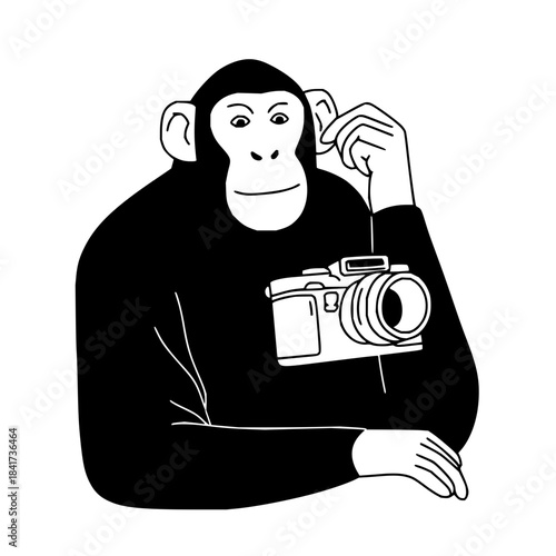 Illustration of a chimpanzee holding a camera with a thoughtful expression on its face in black and white