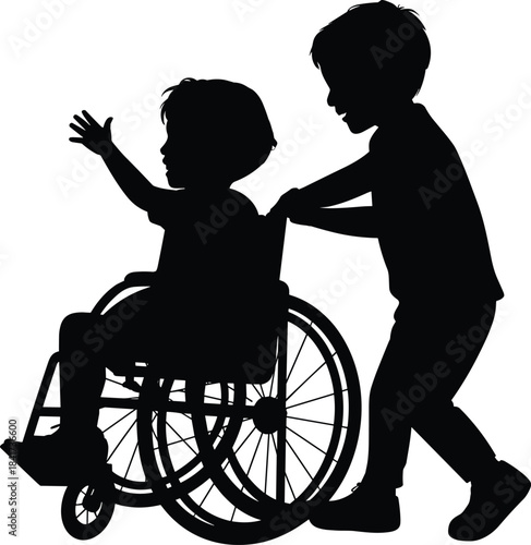 Silhouette of child pushing wheelchair companion, black illustration symbolizing support, inclusion, and empathy in childhood interaction