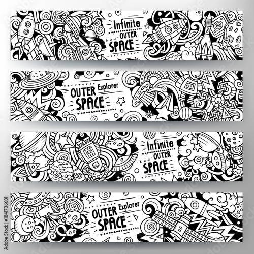 Cartoon vector doodle set of Outer Space banners templates. Corporate identity for the use on apps, branding, flyers, web design