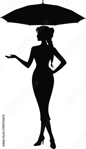 Silhouette of elegant person holding umbrella, black illustration symbolizing fashion, poise, and confident posture