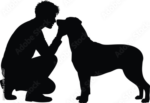 Silhouette of person crouching to hold dog’s face, black illustration symbolizing affection, trust, and human-animal connection