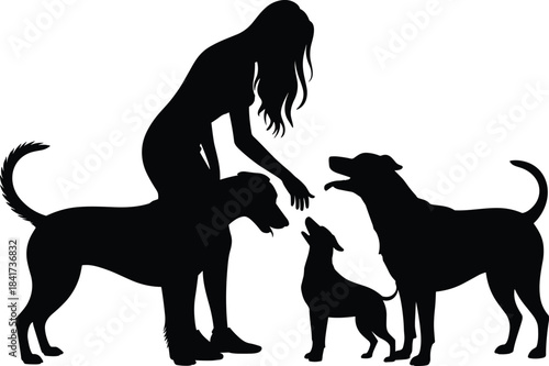 Silhouette of person engaging with three dogs, black illustration symbolizing pet companionship, training, and affectionate interaction