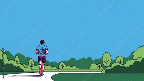 Man jogging on a path in a park with trees and clear blue sky.
