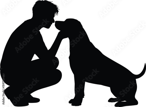 Silhouette of person squatting to hold sitting dog’s face, black illustration symbolizing affection, trust, and pet companionship