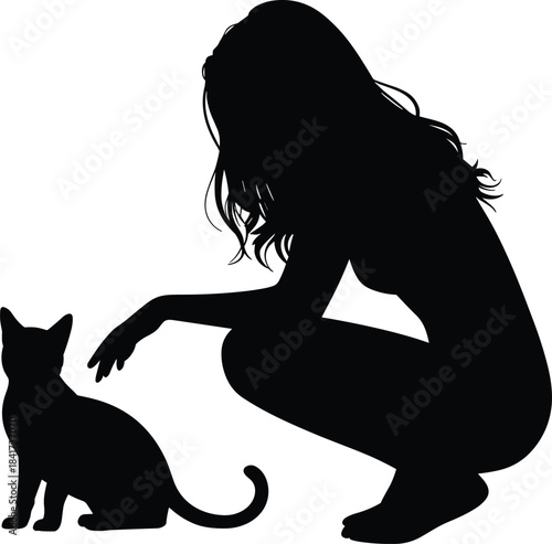 Silhouette of person reaching toward sitting cat, black illustration symbolizing gentle interaction and human-animal connection