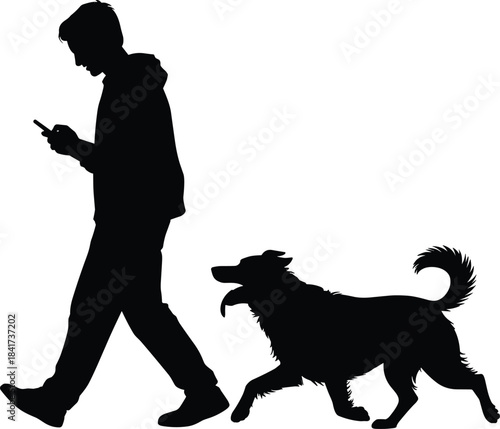 Silhouette of person walking dog while using smartphone, black illustration reflecting modern digital habits and pet companionship