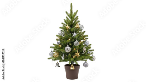 Small christmas tree in brown pot with ornaments isolated on transparent background