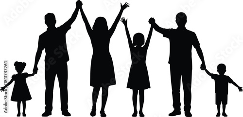 Silhouette of six family members standing in a joyful pose, symbolizing unity, celebration, and togetherness in minimalist style.