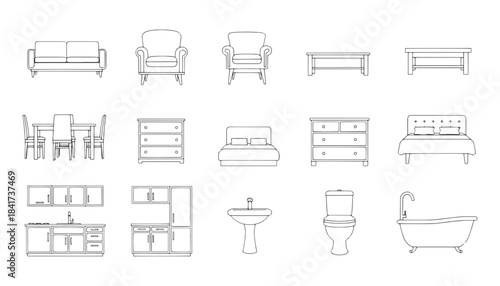 Furniture Outline Icon Set – Front View Interior, Living Room, Bedroom, Kitchen & Bathroom | Vector CAD Elements