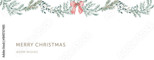 Christmas border, green fir twigs, red bow, text, white background. Nature design. Vector illustration. Greeting banner template. Winter xmas season
