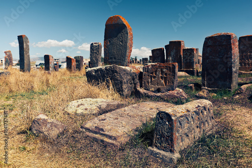 Noratus cemetery, the largest surviving cemetery in the world featuring ancient khachkars - carved memorial headstone bearing decorative religious crosses or life scenes. Noratus, Gegharkunik, Armenia