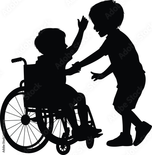 Silhouette of two children interacting, one in wheelchair, black illustration symbolizing inclusion, friendship, and support in childhood