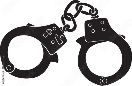 Isolated metal handcuffs and key symbolize police arrest and legal punishment for crime and justice