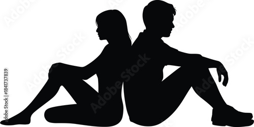 Silhouette of two individuals sitting back-to-back in reflective poses, conveying emotional distance, separation, and introspective mood