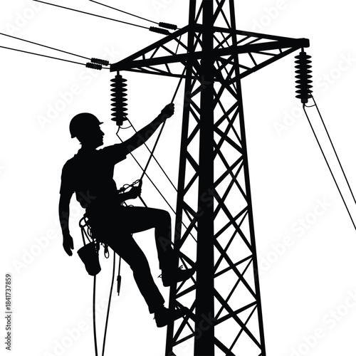 Silhouette of utility worker climbing high-voltage transmission tower with safety gear, helmet, and harness for power line maintenance