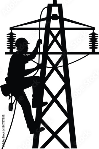 Silhouette of utility worker climbing transmission tower with safety gear, helmet, and harness for electrical grid maintenance and inspection tasks