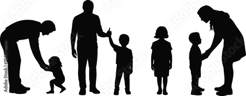 Silhouettes of adults and children in supportive interactions, black illustration representing guidance, development, and emotional connection in parenting