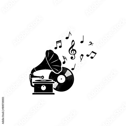 Vintage Gramophone and Vinyl Record with Flowing Musical Notes, Retro Music Player and Sound Waves Illustration