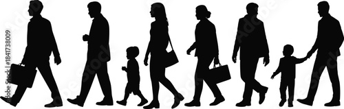 Silhouettes of adults and children walking in various postures, ideal for lifestyle, commuting, diversity, and behavioral illustrations