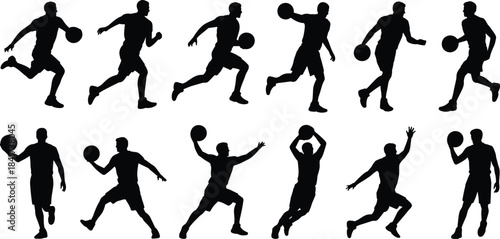 Silhouettes of basketball players in dynamic poses, showcasing dribbling, shooting, passing, and athletic movement for sports design.