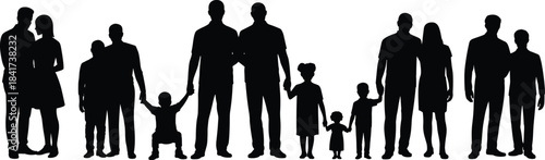 Silhouettes of diverse family groups in various poses, ideal for parenting, bonding, lifestyle, and social behavior illustrations