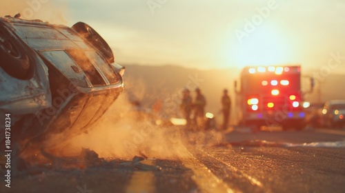 Overturned car wreck with ambulance & rescuers, golden hour sun