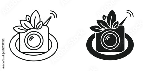 Eco radio camera icon with leaves and signal antenna outline and solid style