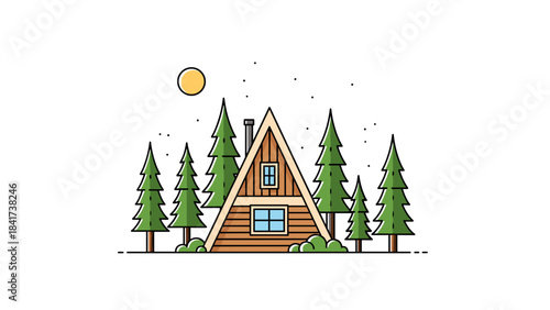 Charming Aframe cabin nestled among pine trees under a bright sun.