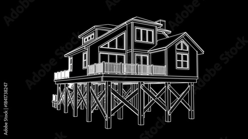 Architectural wireframe drawing of a house on stilts.