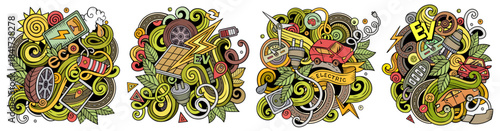 Electric Vehicles cartoon vector doodle designs set. Colorful detailed compositions with lot of EV objects and symbols