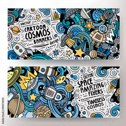 Cartoon vector doodle set of Outer Space banners templates. Corporate identity for the use on apps, branding, flyers, web design