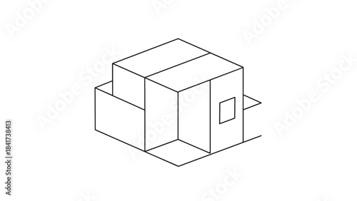 Isometric drawing of a simple cubic structure with a window.