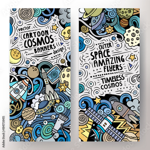Cartoon vector doodle set of Outer Space banners templates. Corporate identity for the use on apps, branding, flyers, web design