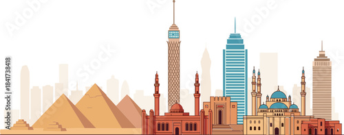 Cairo skyline vector with iconic landmarks on white background