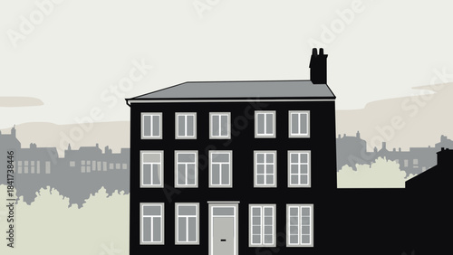 Minimalist Black Georgian Townhouse Facade with White Windows.