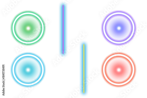 Vibrant neon circles and lines in green blue purple and red glow against a dark background abstract