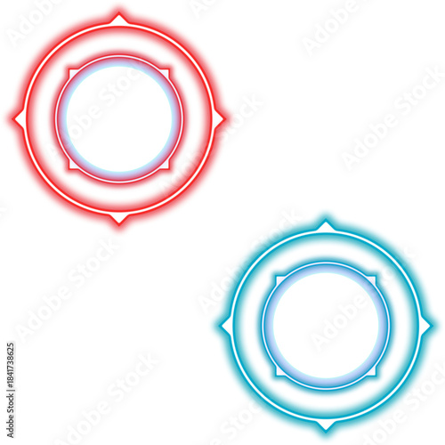 Two glowing neon circular targets one red and one blue with starburst accents on a black background