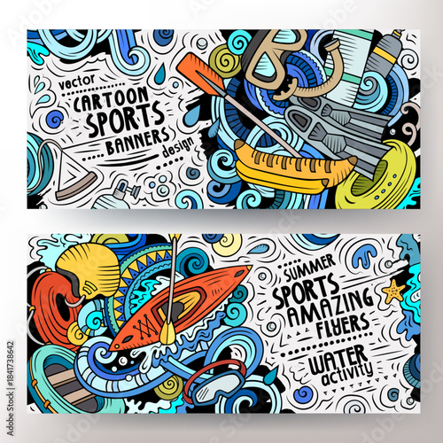Cartoon vector doodle set of Water Sports banners templates. Corporate identity for the use on apps, branding, flyers, web design