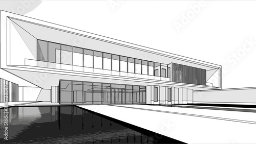 Modern architectural sketch of a contemporary building with large windows.
