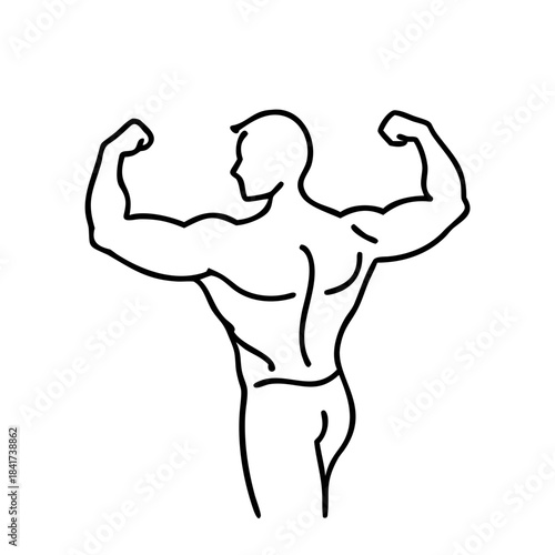 Strong man muscular bodybuilder flexing displaying biceps fitness motivation gym workout body outline vector illustration line art concept