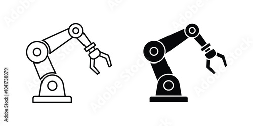 Set of robotic arm icons outline and solid silhouette, isolated on white