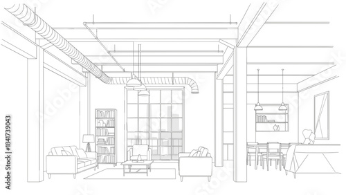 Modern Loft Interior Design Sketch with Exposed Ducts.