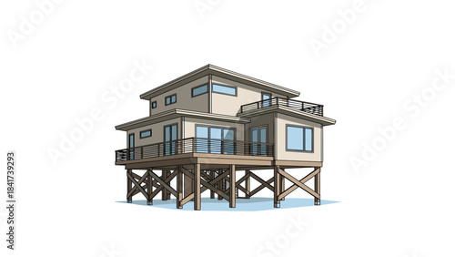Modern stilt house on white background.